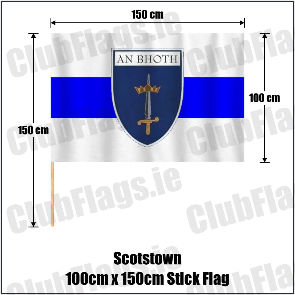 Scotstown 100cm x 150cm Stick Flag in blue and white, featuring the club crest on realistic fabric with gentle vertical folds; County Monaghan GAA. ClubFlags.ie.
