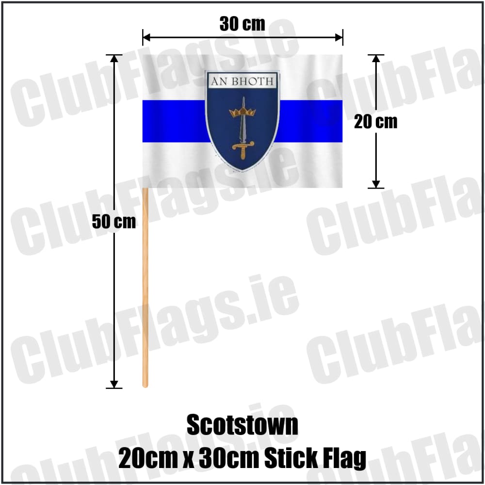 Scotstown 20cm x 30cm Stick Flag in blue and white, featuring the club crest on realistic fabric with gentle vertical folds; County Monaghan GAA. ClubFlags.ie.