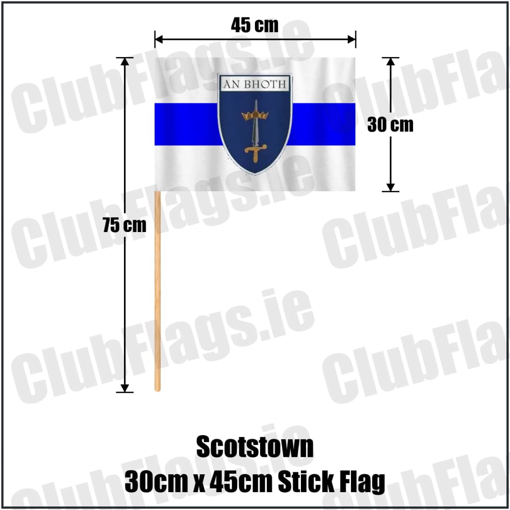 Scotstown 30cm x 45cm Stick Flag in blue and white, featuring the club crest on realistic fabric with gentle vertical folds; County Monaghan GAA. ClubFlags.ie.