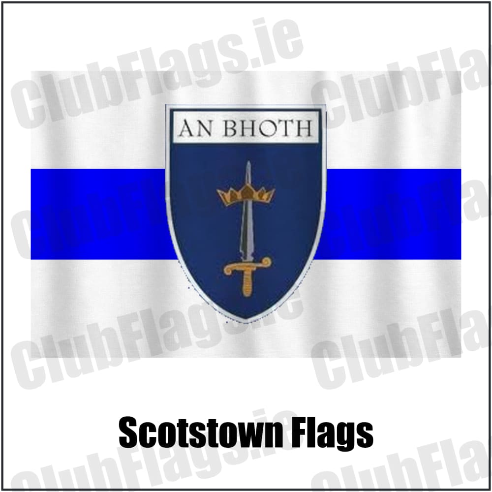 Scotstown Flags in blue and white, featuring the club crest on realistic fabric with gentle vertical folds; County Monaghan GAA. ClubFlags.ie.