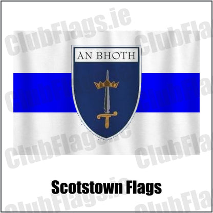 Scotstown Flags in blue and white, featuring the club crest on realistic fabric with gentle vertical folds; County Monaghan GAA. ClubFlags.ie.