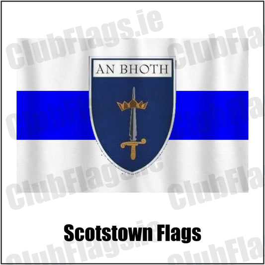 Scotstown Flags in blue and white, featuring the club crest on realistic fabric with gentle vertical folds; County Monaghan GAA. ClubFlags.ie.
