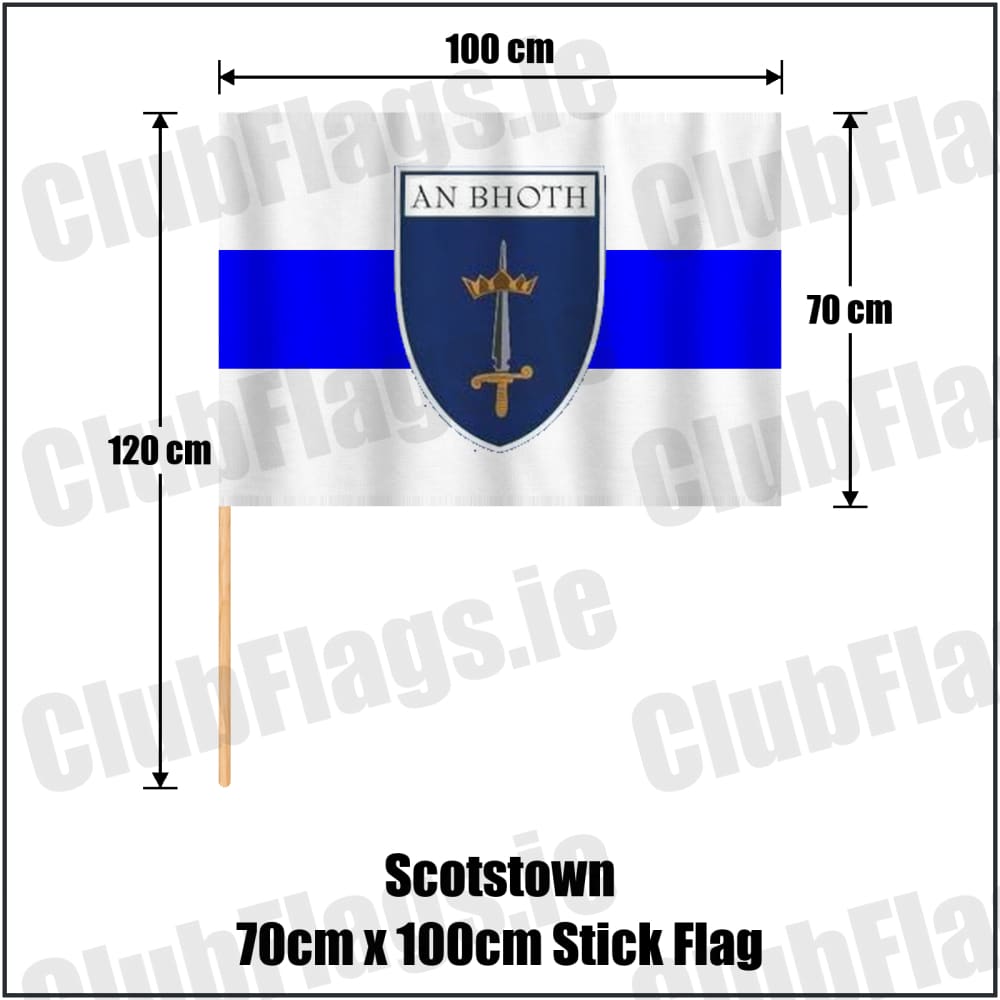 Scotstown 70cm x 100cm Stick Flag in blue and white, featuring the club crest on realistic fabric with gentle vertical folds; County Monaghan GAA. ClubFlags.ie.