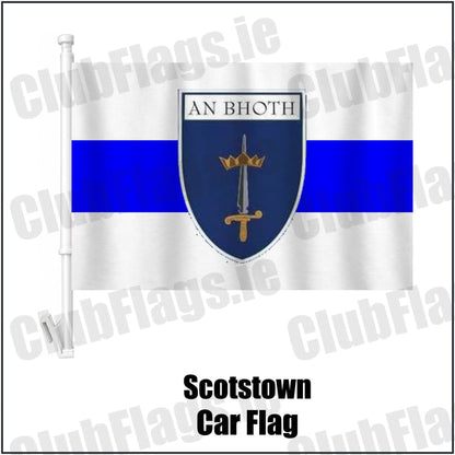 Scotstown Car Flag in blue and white, featuring the club crest on realistic fabric with gentle vertical folds; County Monaghan GAA. ClubFlags.ie.