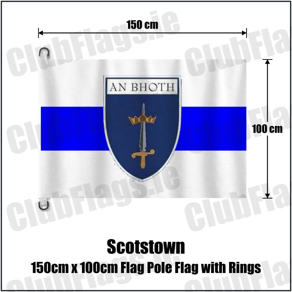 Scotstown 150cm x 100cm Flag Pole Flag with Rings in blue and white, featuring the club crest on realistic fabric with gentle vertical folds; County Monaghan GAA. ClubFlags.ie.