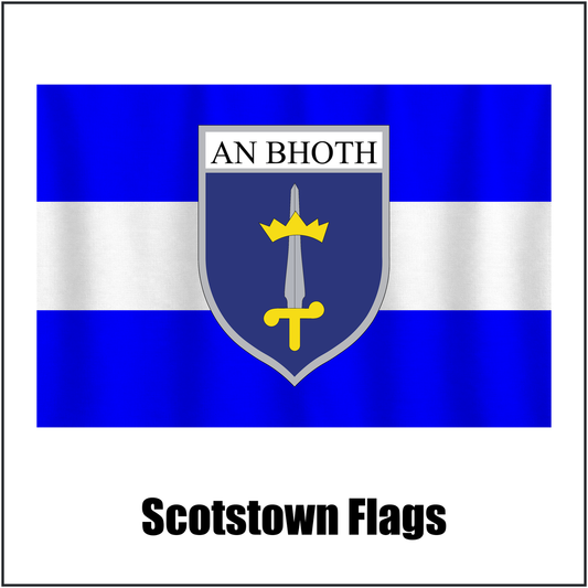 Scotstown Flags, featuring the club crest and blue and white colours; County Monaghan GAA. ClubFlags.ie.