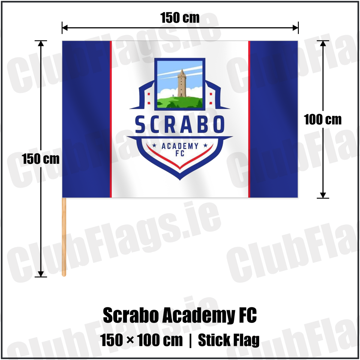 Scrabo Academy FC 100cm x 150cm Stick Flag with the club crest and colours, Down Football - ClubFlags.ie