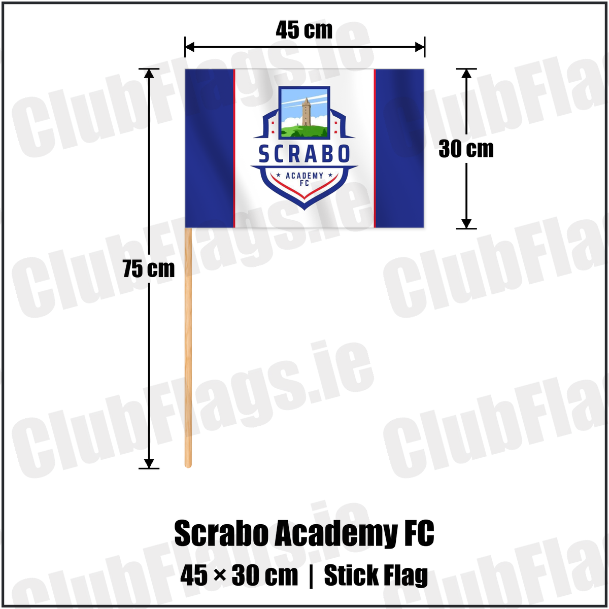 Scrabo Academy FC 30cm x 45cm Stick Flag with the club crest and colours, Down Football - ClubFlags.ie