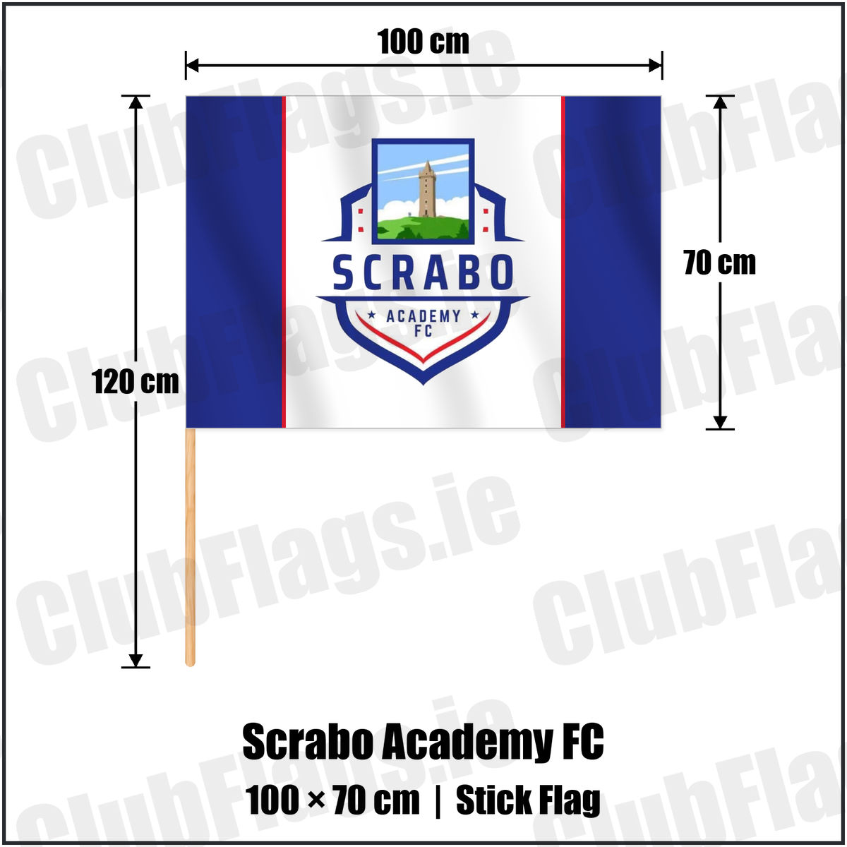 Scrabo Academy FC 70cm x 100cm Stick Flag with the club crest and colours, Down Football - ClubFlags.ie