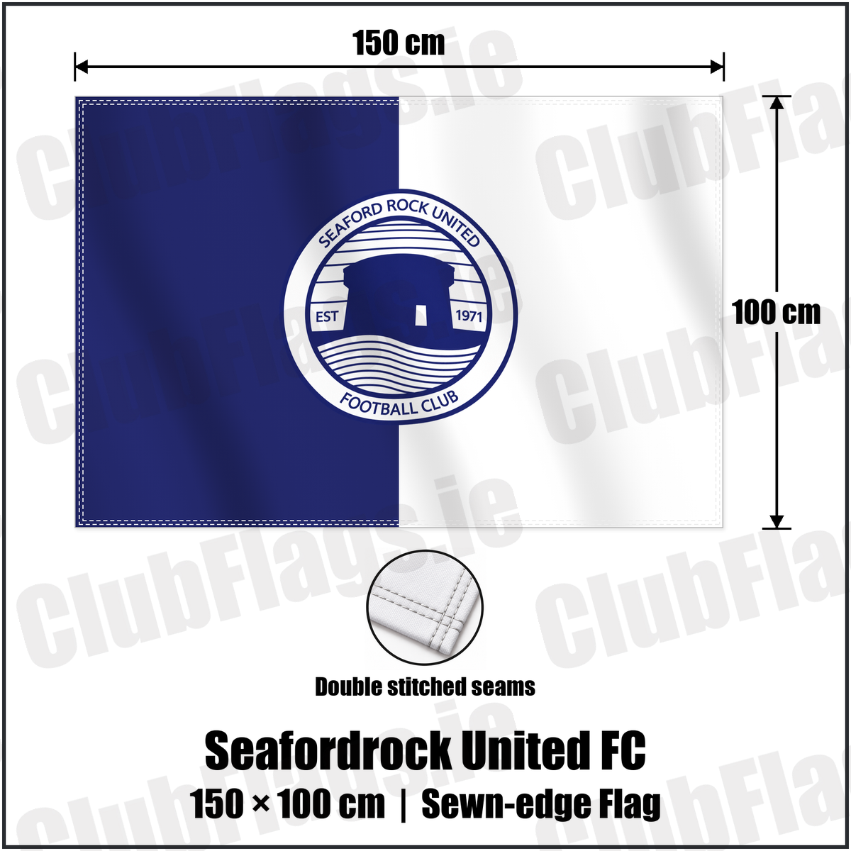 Seafordrock United FC 100cm x 150cm Flag (sewn on the edges) with the verified club crest and colours, Dublin Football - ClubFlags.ie