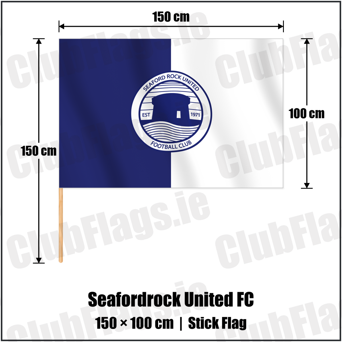 Seafordrock United FC 100cm x 150cm Stick Flag with the verified club crest and colours, Dublin Football - ClubFlags.ie