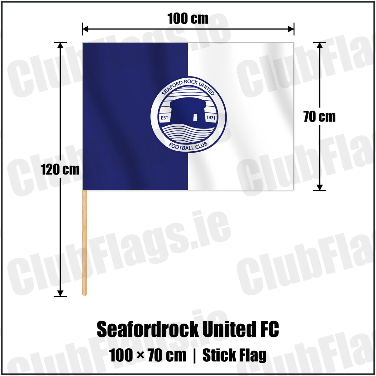 Seafordrock United FC 70cm x 100cm Stick Flag with the verified club crest and colours, Dublin Football - ClubFlags.ie