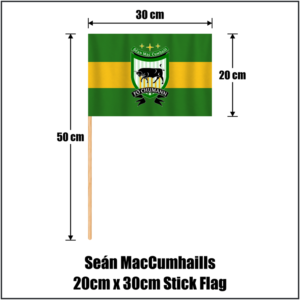 Seán MacCumhaills 20cm x 30cm Stick Flag, featuring the club crest and green and gold colours; County Donegal GAA. ClubFlags.ie.