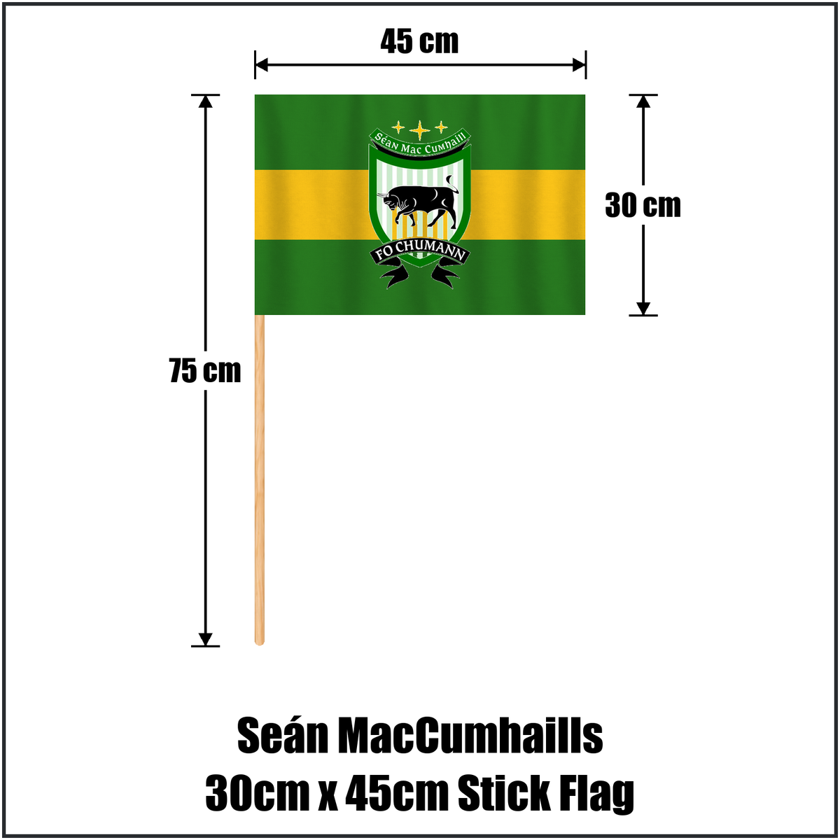 Seán MacCumhaills 30cm x 45cm Stick Flag, featuring the club crest and green and gold colours; County Donegal GAA. ClubFlags.ie.