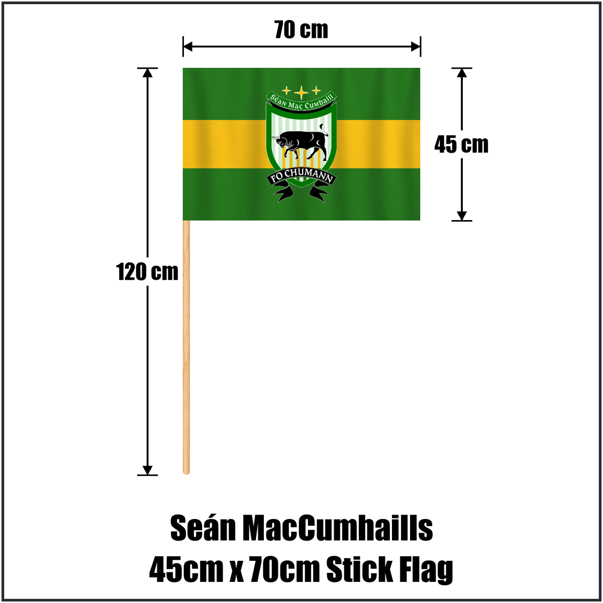 Seán MacCumhaills 45cm x 70cm Stick Flag, featuring the club crest and green and gold colours; County Donegal GAA. ClubFlags.ie.