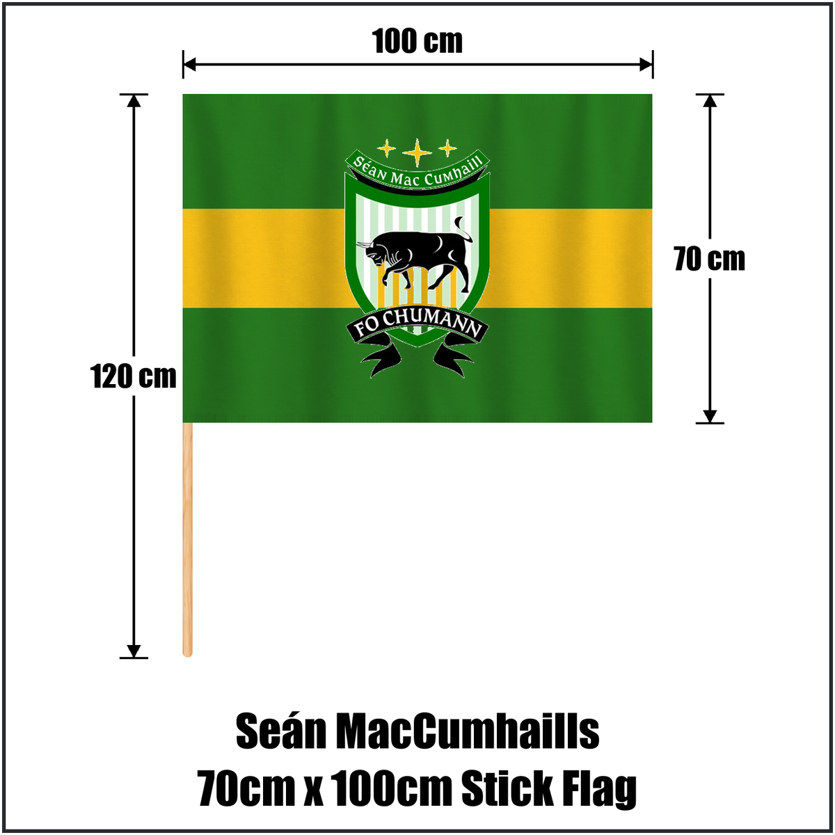 Seán MacCumhaills 70cm x 100cm Stick Flag, featuring the club crest and green and gold colours; County Donegal GAA. ClubFlags.ie.