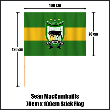 Seán MacCumhaills 70cm x 100cm Stick Flag, featuring the club crest and green and gold colours; County Donegal GAA. ClubFlags.ie.