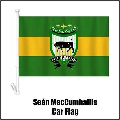 Seán MacCumhaills Car Flag, featuring the club crest and green and gold colours; County Donegal GAA. ClubFlags.ie.