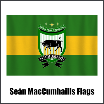 Seán MacCumhaills Flags, featuring the club crest and green and gold colours; County Donegal GAA. ClubFlags.ie.