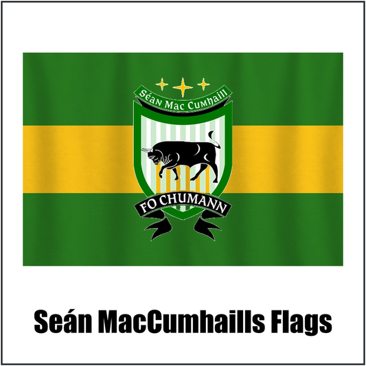 Seán MacCumhaills Flags, featuring the club crest and green and gold colours; County Donegal GAA. ClubFlags.ie.