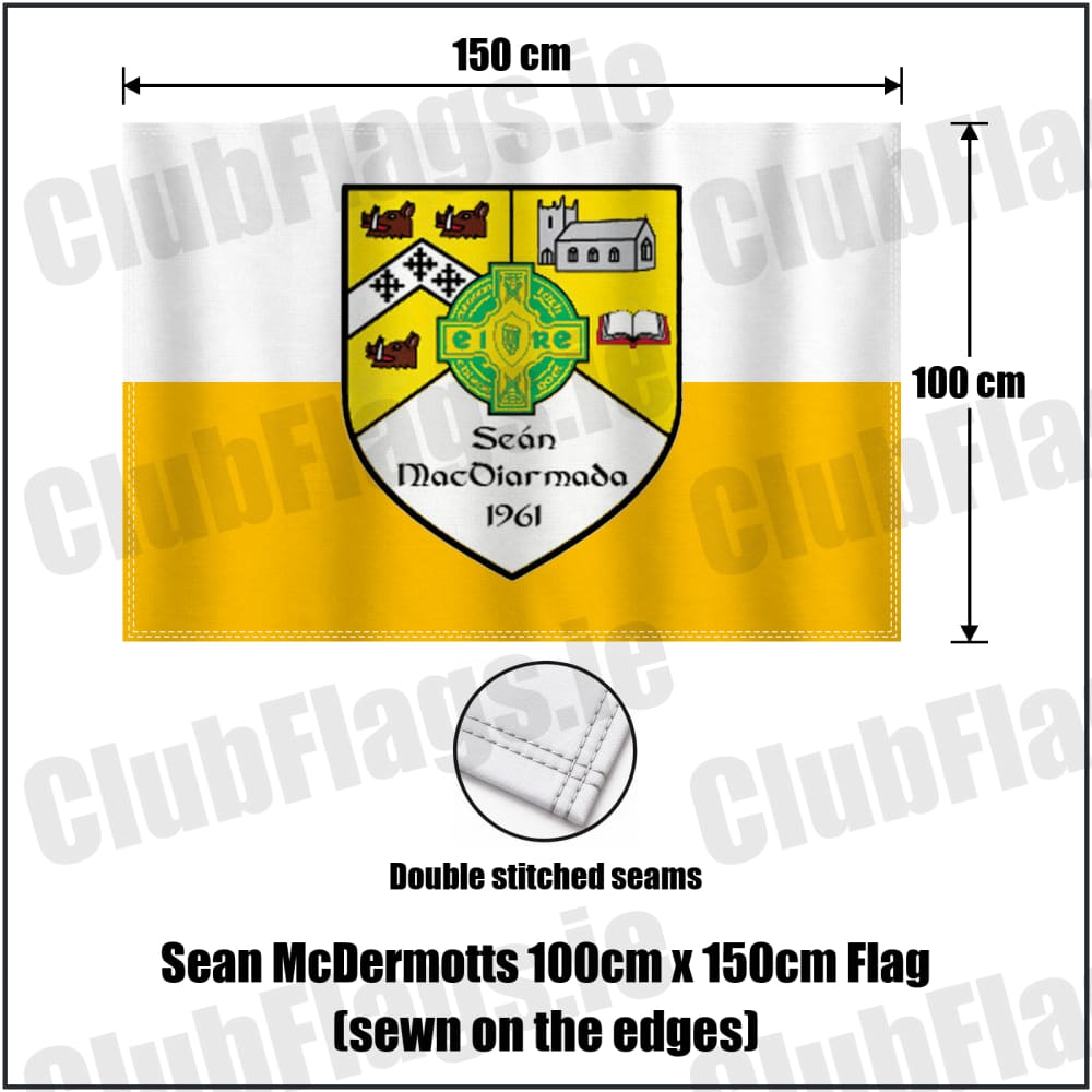 Sean McDermotts 100cm x 150cm Flag (sewn on the edges) in yellow and white, featuring the club crest on realistic fabric with gentle vertical folds; County Monaghan GAA. ClubFlags.ie.