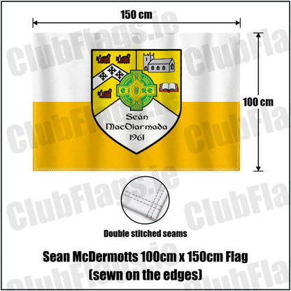 Sean McDermotts 100cm x 150cm Flag (sewn on the edges) in yellow and white, featuring the club crest on realistic fabric with gentle vertical folds; County Monaghan GAA. ClubFlags.ie.