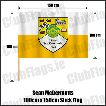 Sean McDermotts 100cm x 150cm Stick Flag in yellow and white, featuring the club crest on realistic fabric with gentle vertical folds; County Monaghan GAA. ClubFlags.ie.