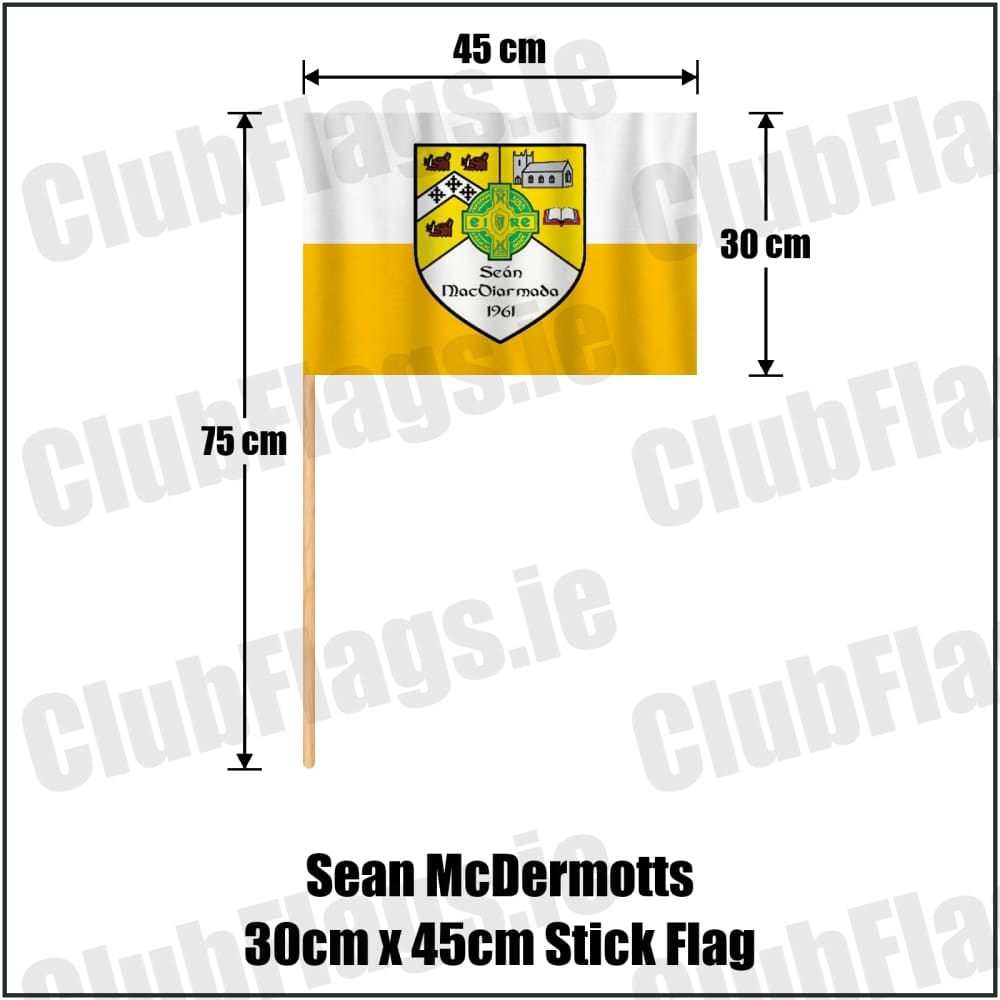 Sean McDermotts 30cm x 45cm Stick Flag in yellow and white, featuring the club crest on realistic fabric with gentle vertical folds; County Monaghan GAA. ClubFlags.ie.