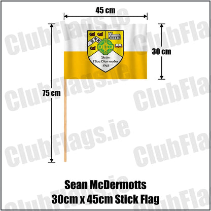 Sean McDermotts 30cm x 45cm Stick Flag in yellow and white, featuring the club crest on realistic fabric with gentle vertical folds; County Monaghan GAA. ClubFlags.ie.
