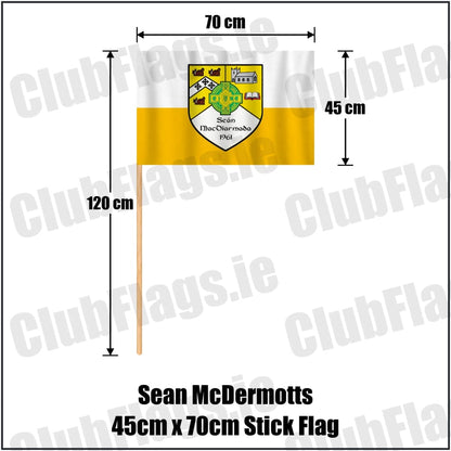 Sean McDermotts 45cm x 70cm Stick Flag in yellow and white, featuring the club crest on realistic fabric with gentle vertical folds; County Monaghan GAA. ClubFlags.ie.