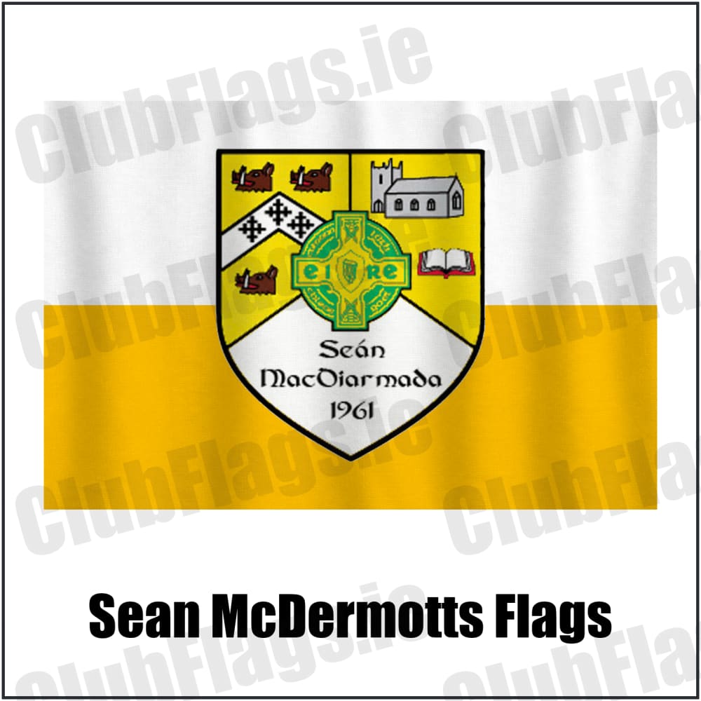 Sean McDermotts Flags in yellow and white, featuring the club crest on realistic fabric with gentle vertical folds; County Monaghan GAA. ClubFlags.ie.