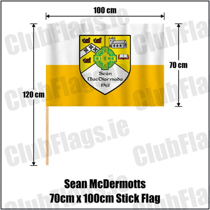 Sean McDermotts 70cm x 100cm Stick Flag in yellow and white, featuring the club crest on realistic fabric with gentle vertical folds; County Monaghan GAA. ClubFlags.ie.