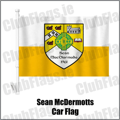 Sean McDermotts Car Flag in yellow and white, featuring the club crest on realistic fabric with gentle vertical folds; County Monaghan GAA. ClubFlags.ie.