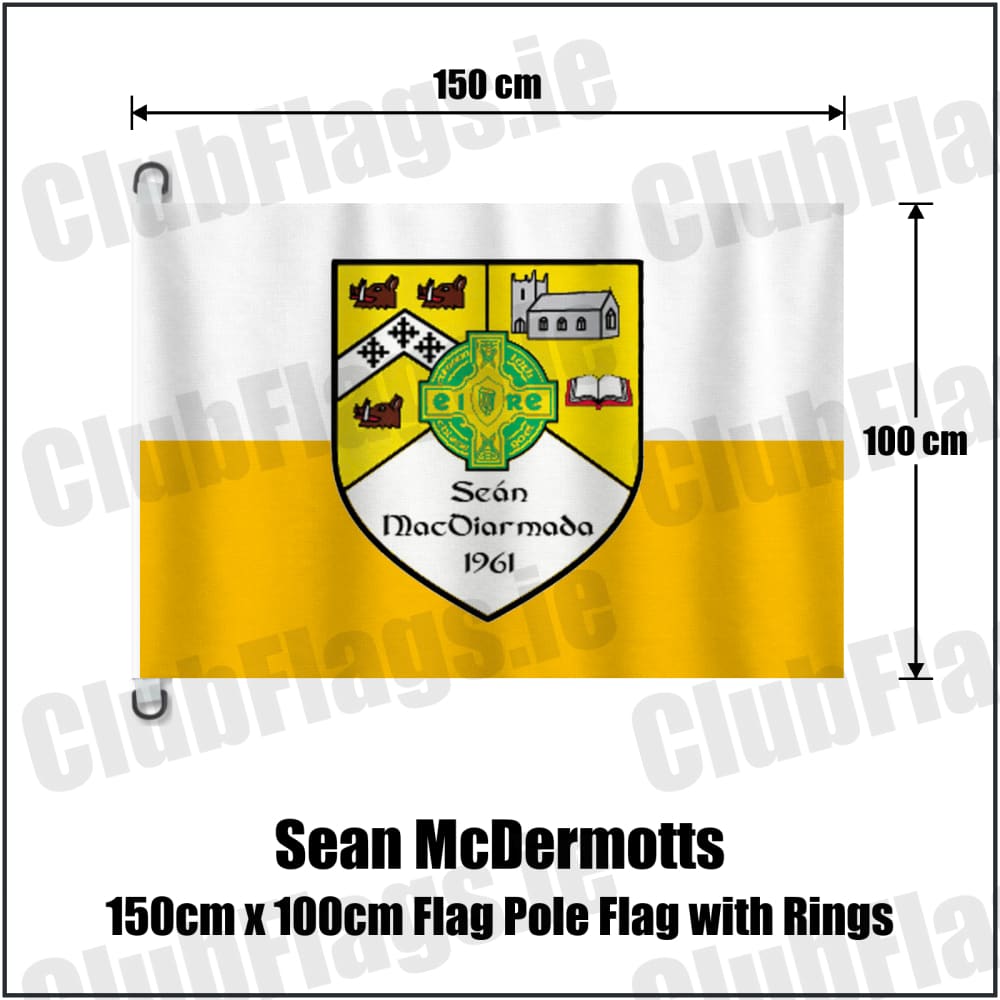 Sean McDermotts 150cm x 100cm Flag Pole Flag with Rings in yellow and white, featuring the club crest on realistic fabric with gentle vertical folds; County Monaghan GAA. ClubFlags.ie.