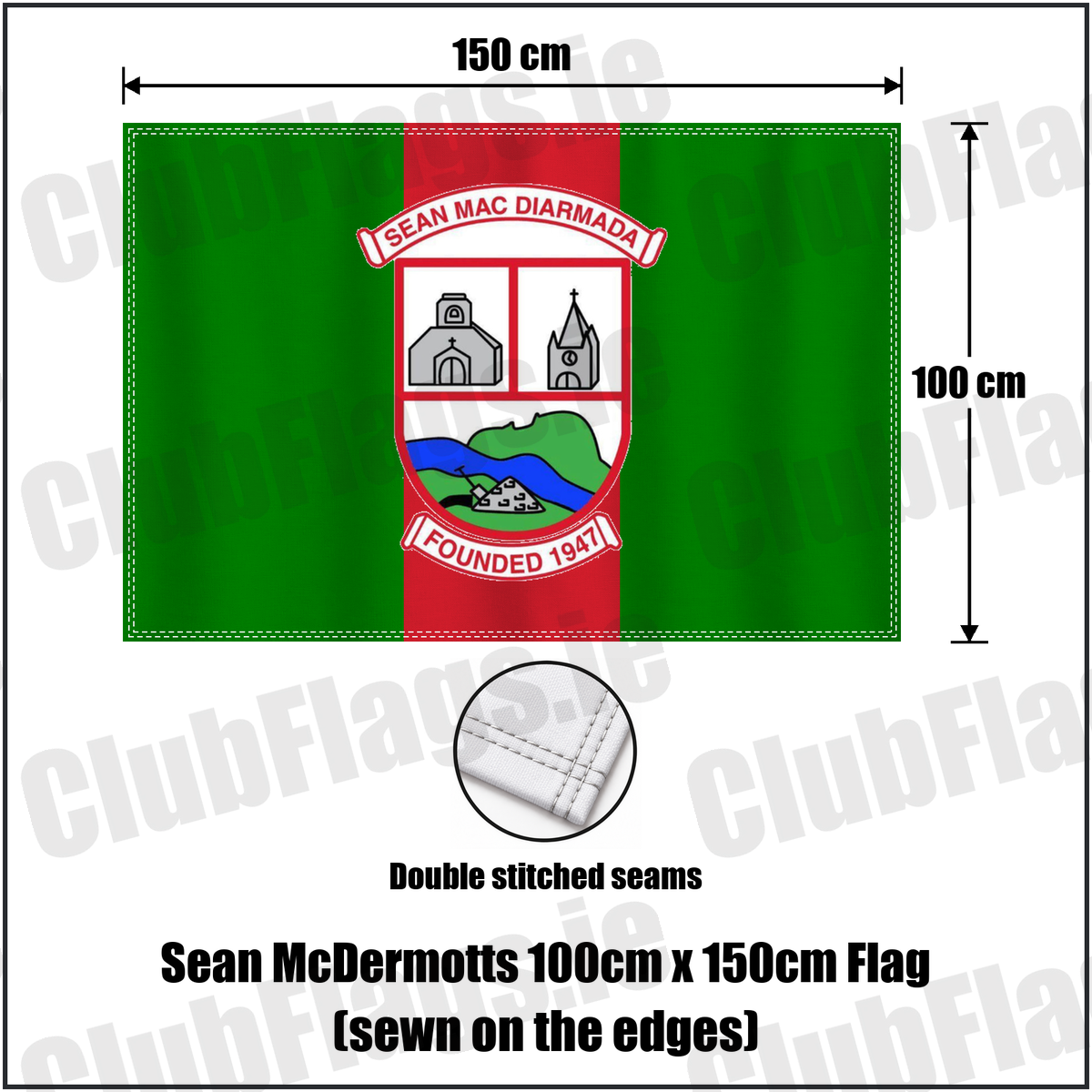Sean McDermotts 100cm x 150cm Flag (sewn on the edges), featuring the club crest and green and red colours; County Louth GAA. ClubFlags.ie.