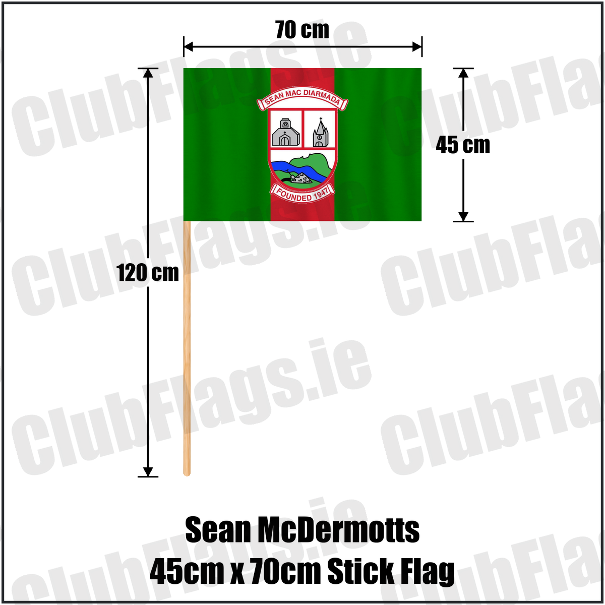 Sean McDermotts 45cm x 70cm Stick Flag, featuring the club crest and green and red colours; County Louth GAA. ClubFlags.ie.