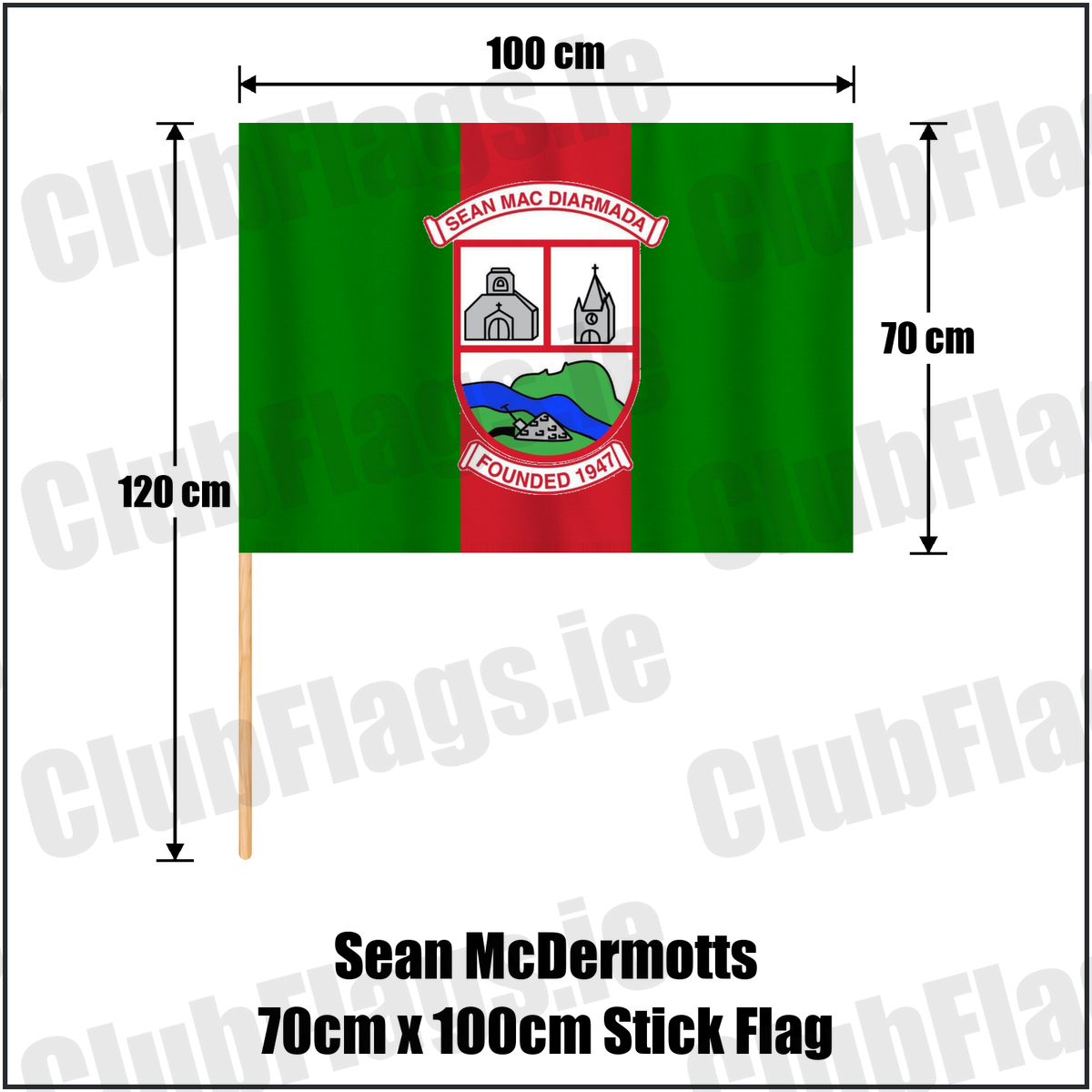 Sean McDermotts 70cm x 100cm Stick Flag, featuring the club crest and green and red colours; County Louth GAA. ClubFlags.ie.