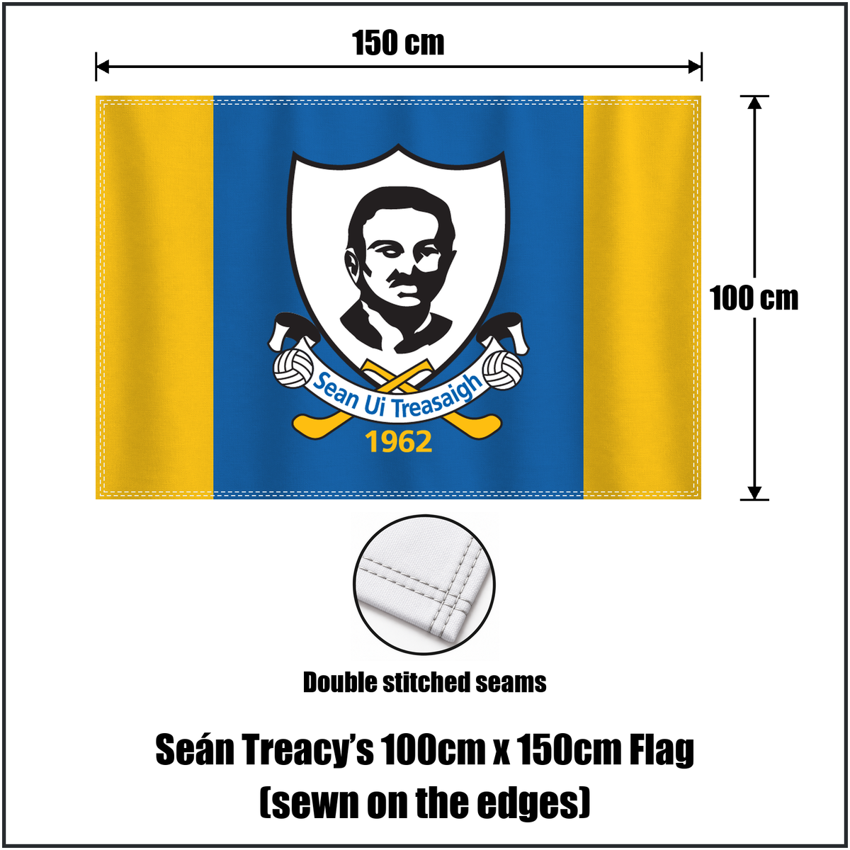 Seán Treacy’s 100cm x 150cm Flag (sewn on the edges), featuring the club crest and blue and gold colours; County Tipperary GAA. ClubFlags.ie.