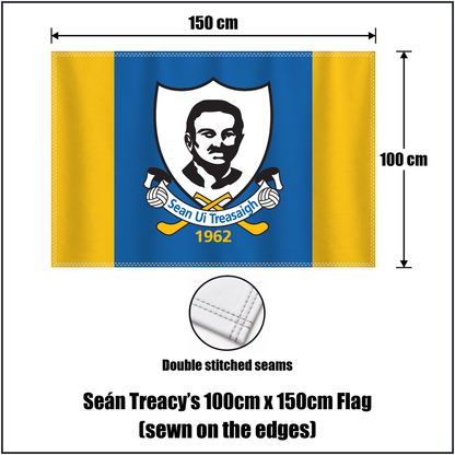 Seán Treacy’s 100cm x 150cm Flag (sewn on the edges), featuring the club crest and blue and gold colours; County Tipperary GAA. ClubFlags.ie.