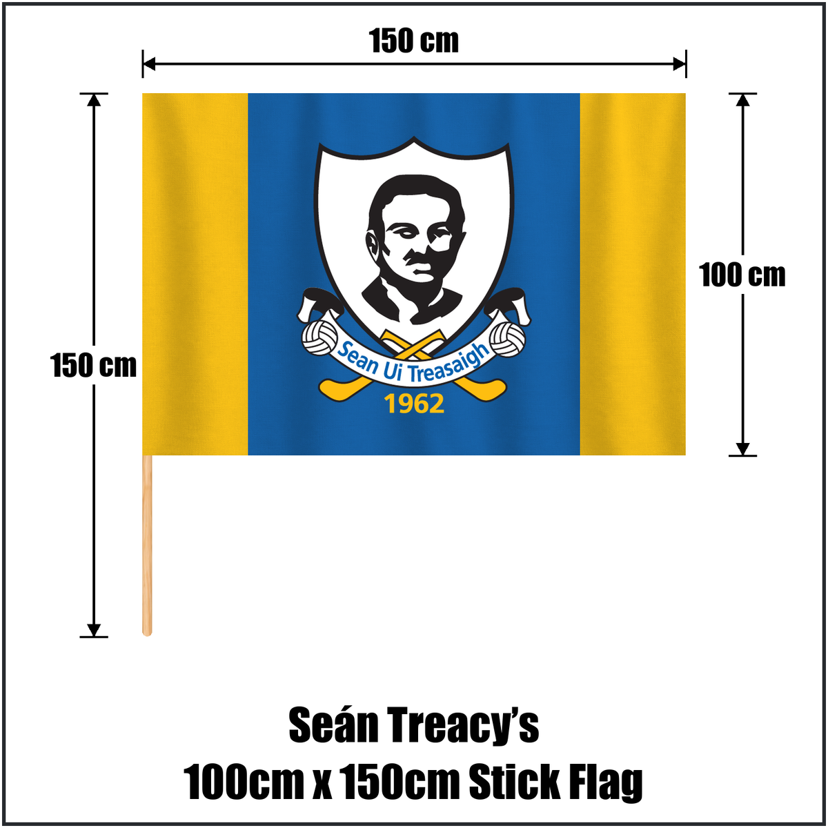 Seán Treacy’s 100cm x 150cm Stick Flag, featuring the club crest and blue and gold colours; County Tipperary GAA. ClubFlags.ie.