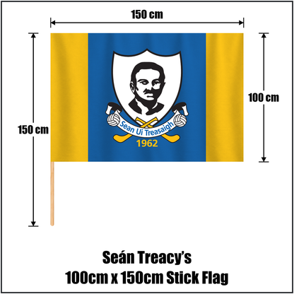Seán Treacy’s 100cm x 150cm Stick Flag, featuring the club crest and blue and gold colours; County Tipperary GAA. ClubFlags.ie.