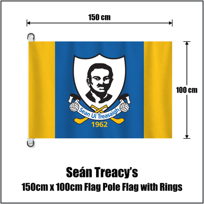Seán Treacy’s 150cm x 100cm Flag Pole Flag with Rings, featuring the club crest and blue and gold colours; County Tipperary GAA. ClubFlags.ie.
