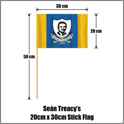 Seán Treacy’s 20cm x 30cm Stick Flag, featuring the club crest and blue and gold colours; County Tipperary GAA. ClubFlags.ie.