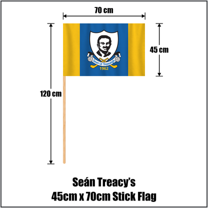 Seán Treacy’s 45cm x 70cm Stick Flag, featuring the club crest and blue and gold colours; County Tipperary GAA. ClubFlags.ie.