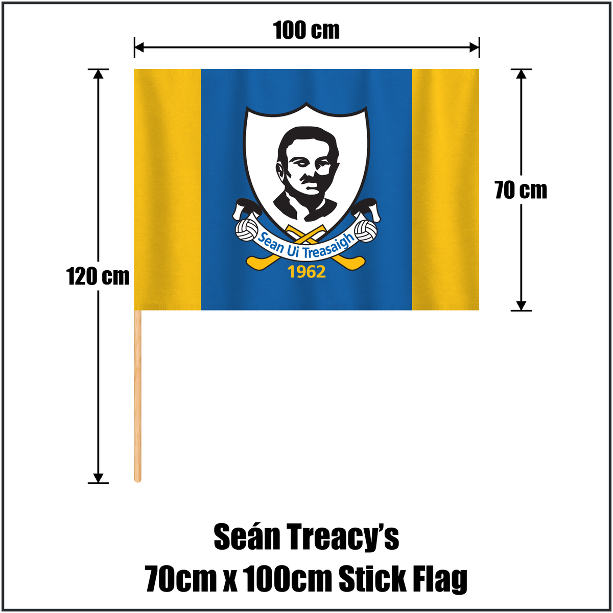 Seán Treacy’s 70cm x 100cm Stick Flag, featuring the club crest and blue and gold colours; County Tipperary GAA. ClubFlags.ie.