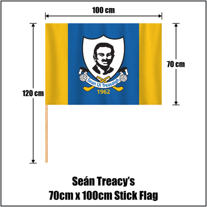 Seán Treacy’s 70cm x 100cm Stick Flag, featuring the club crest and blue and gold colours; County Tipperary GAA. ClubFlags.ie.