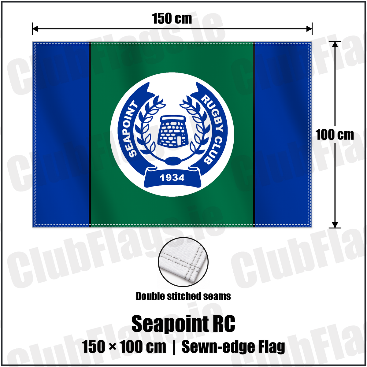 Seapoint RC 100cm x 150cm Flag (sewn on the edges) with the club crest and colours, Dublin Rugby - ClubFlags.ie
