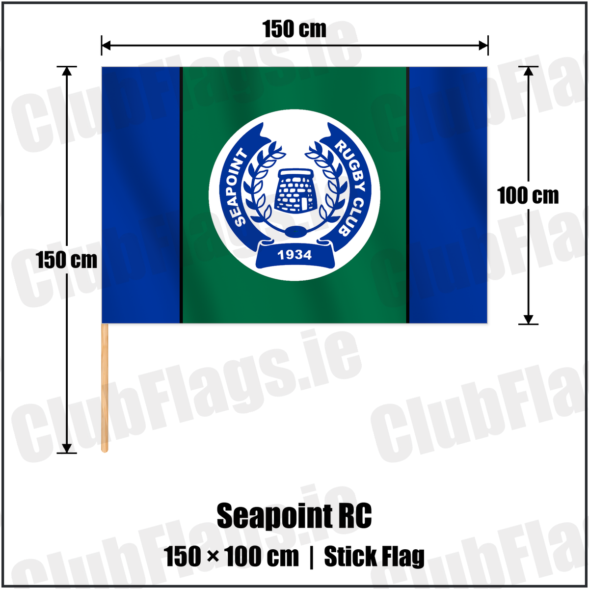 Seapoint RC 100cm x 150cm Stick Flag with the club crest and colours, Dublin Rugby - ClubFlags.ie
