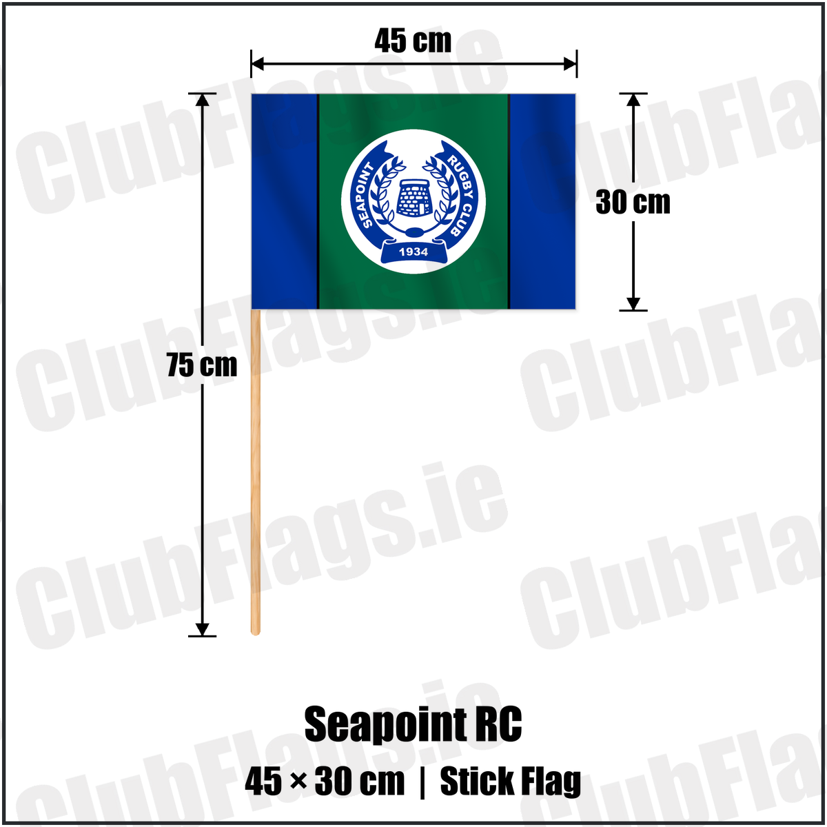 Seapoint RC 30cm x 45cm Stick Flag with the club crest and colours, Dublin Rugby - ClubFlags.ie