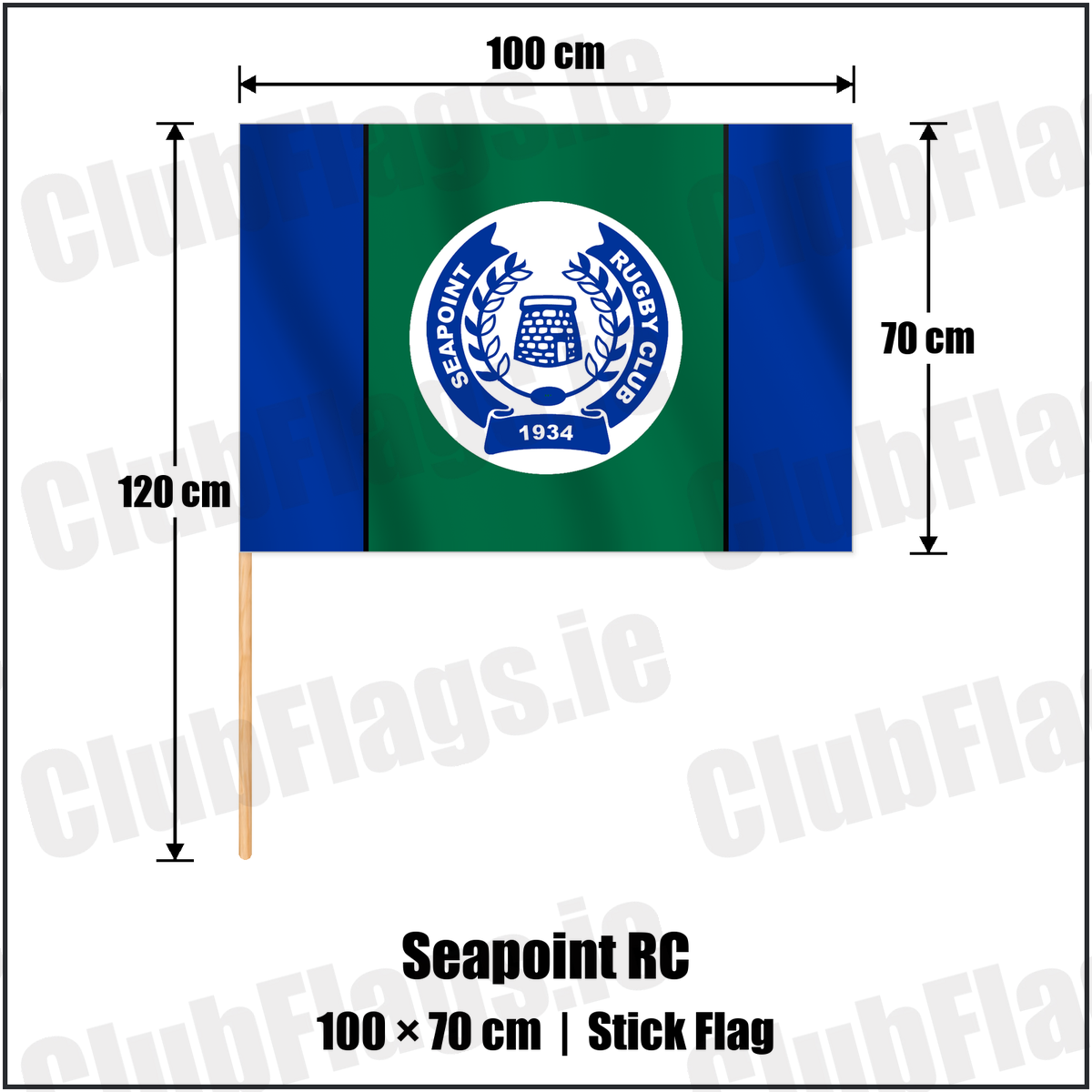 Seapoint RC 70cm x 100cm Stick Flag with the club crest and colours, Dublin Rugby - ClubFlags.ie